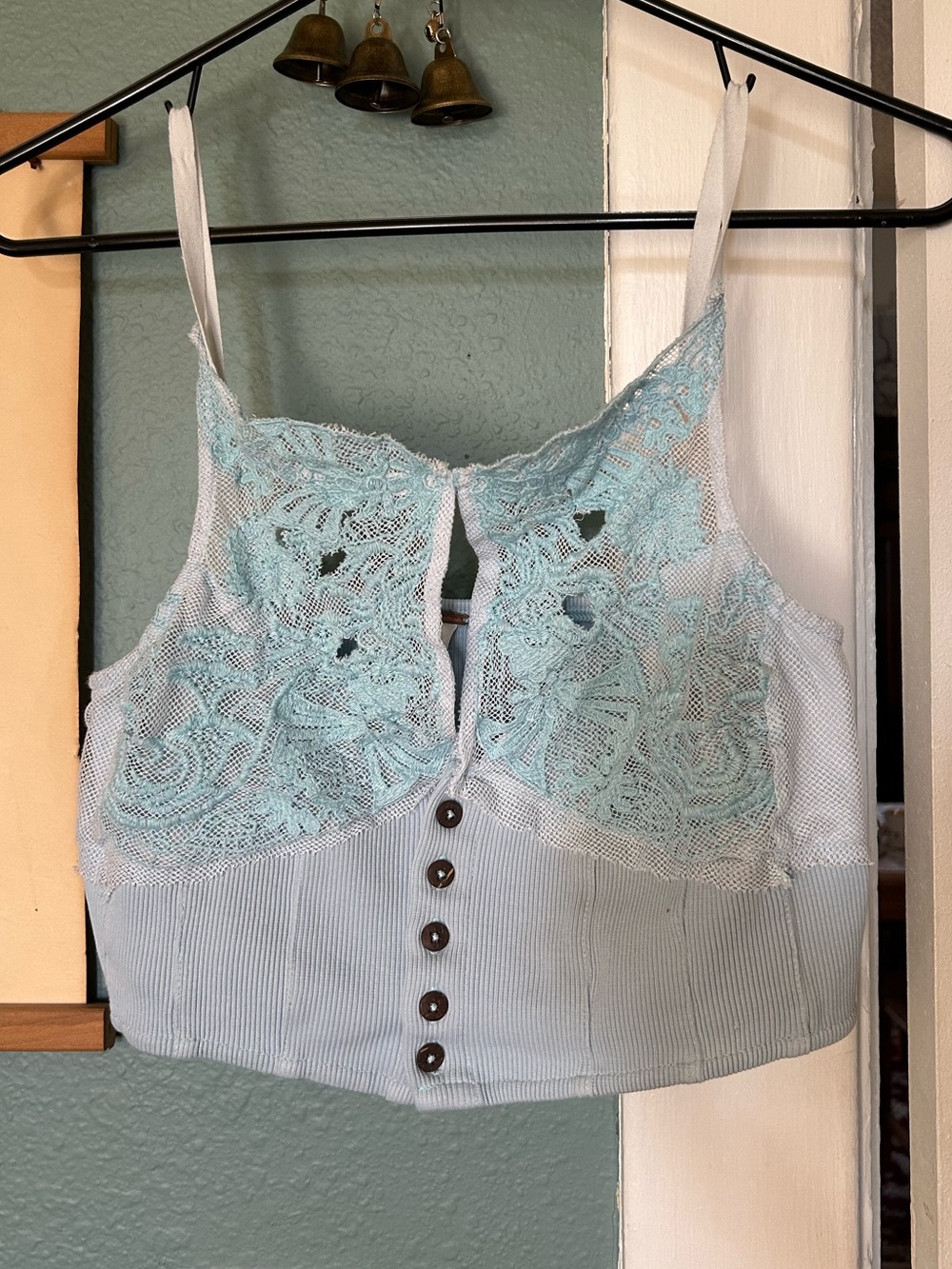 Free People Lace-Trim Light Blue Button Front Crop Top
